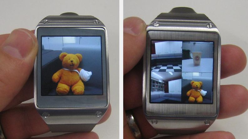Samsung Galaxy Gearilla napatut kuvat ja videot voi siirtää suoraan kännykkään, mutta niitä voidaan katsoa myös kellon omalta näytöltä.