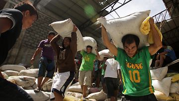 Filippiiniläiset kantavat riisisäkkejä vaurioituneesta varastosta Taclobanissa 11.11 2013. 