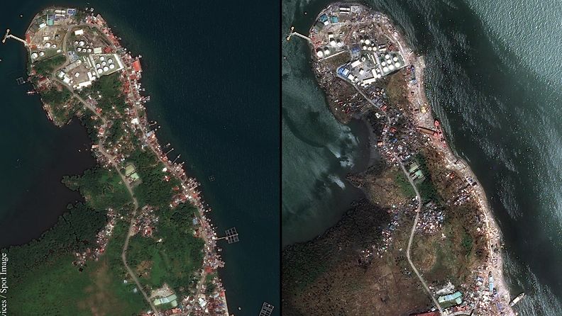 Satelliittikuva paljastaa, millaista tuhoa taifuuni Hayian teki Filippiineillä. 