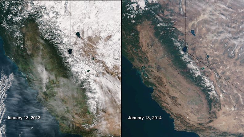 Satelliittikuva Kaliforniaa vaivaavasta poikkeuksellisesta kuivuudesta.