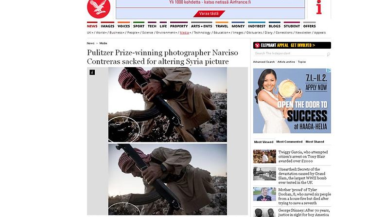 Narciso Contrerasin tekemä kuvamuokkaus oli AP:n mukaan anteeksiantamaton temppu. Kuvakaappaus The Independentin verkkosivuilta. 
