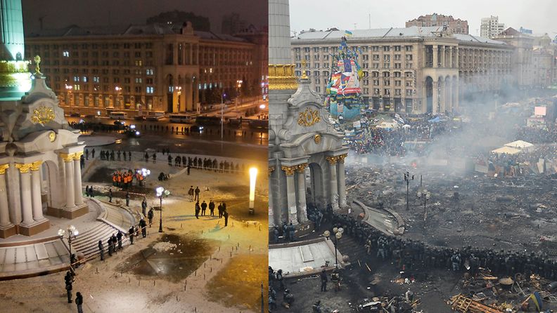 Itsenäisyysaukio Kiovassa kaksi vuotta sitten ja eilen.