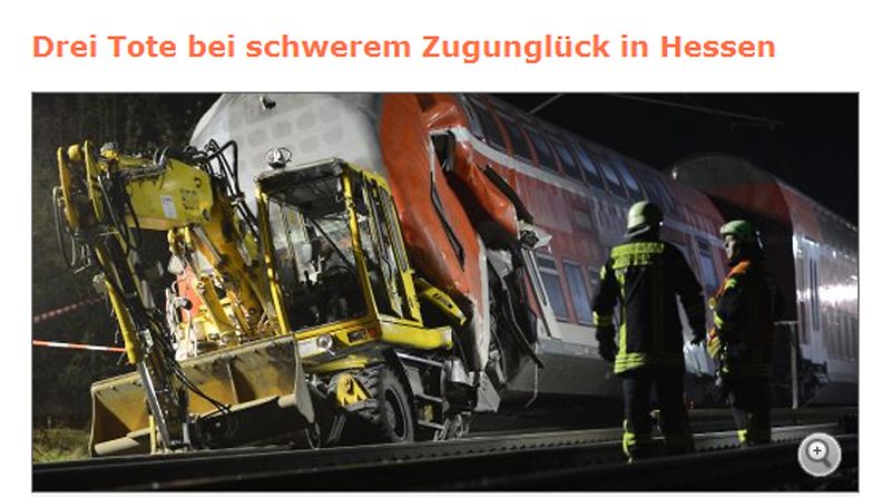 Kuvakaappaus saksalaisen Spiegel Onlinen verkkosivulta. Junaonnettomuudessa Saksan Hessenissä kuoli kolme ihmistä.