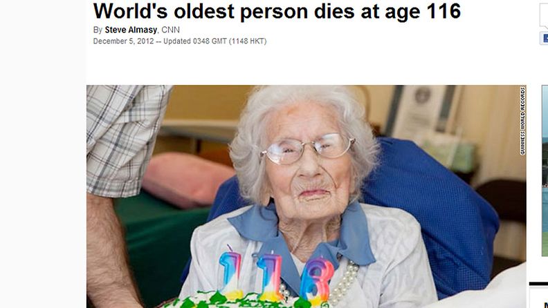 Kuvakaappaus CNN:ltä, maailman vanhin nainen Besse Cooper kuoli 116-vuotiaana.
