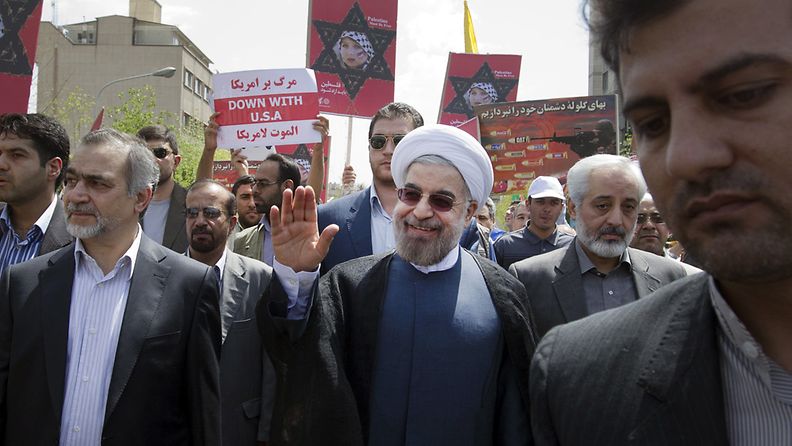 Iranin vasta valittu presidentti Hassan Ruhani osallistui Israelin vastaiseen mielenosoitukseen Teheranissa.