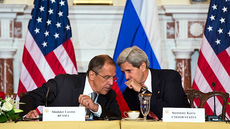 Russian Foreign Minister Sergei Lavrov (L) talks to US Secretary of State John Kerry (R) at the start of a meeting that also included Russian Defense Minister Sergei Shoygu and US Secretary of Defense Chuck Hagel, at the State Department in Washington DC, USA, 09 August 2013.