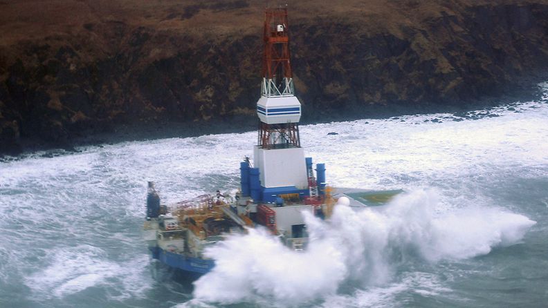 An undated handout picture released by the US Coast Guard on 01 January 2013 shows the Shell mobile offshore drill rig 'Kulluk' as it is pounded by waves whilst sitting aground near Sitkalidak Island, Alaska, USA. The oil rig was towed to Seattle for maintenance on 28 December 2012 when it's tugboat experienced multiple engine failure and it ran aground. According to press reports the rig has large amounts of diesel fuel and 'other petroleum' products on board but there are no signs of breach of the hull as yet. EPA