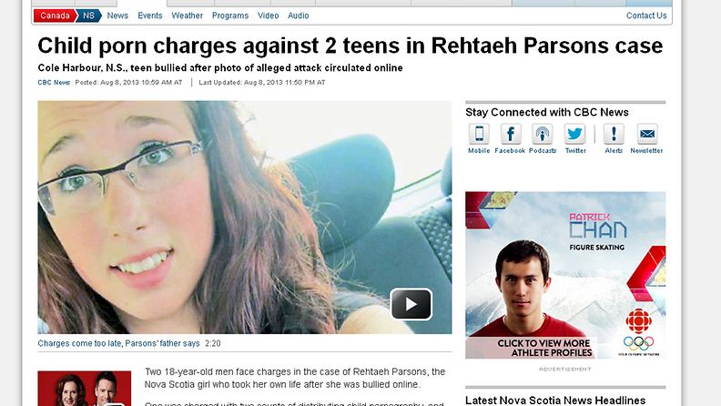 Kiusatun teinitytön itsemurha puhuttaa Kanadassa. Kuvakaappaus CBC-uutiskanavan verkkosivustolta.