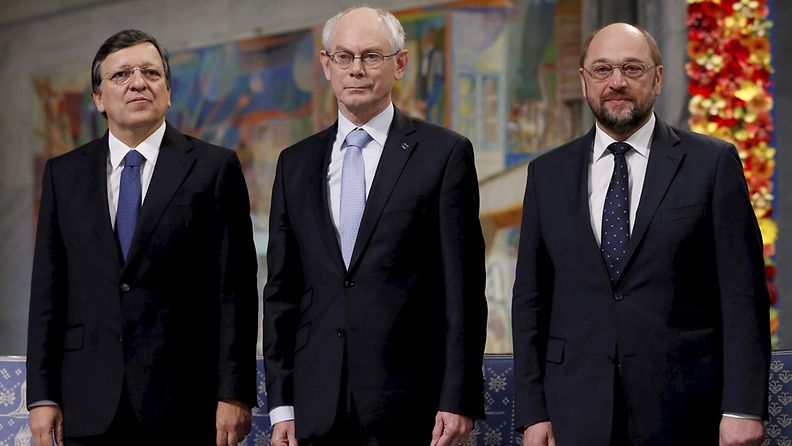  Palkinnon vastaanottivat komission puheenjohtaja Jose Manuel Barroso, presidentti Herman Van Rompuy ja EU-parlamentin puhemies Martin Schulz. 
