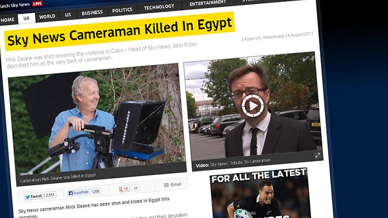 Sky-uutiskanavan kuvaaja Mick Dean sai surmansa Egyptissä 14.8.2013. Kuvakaappaus kanavan nettisivuilta.
