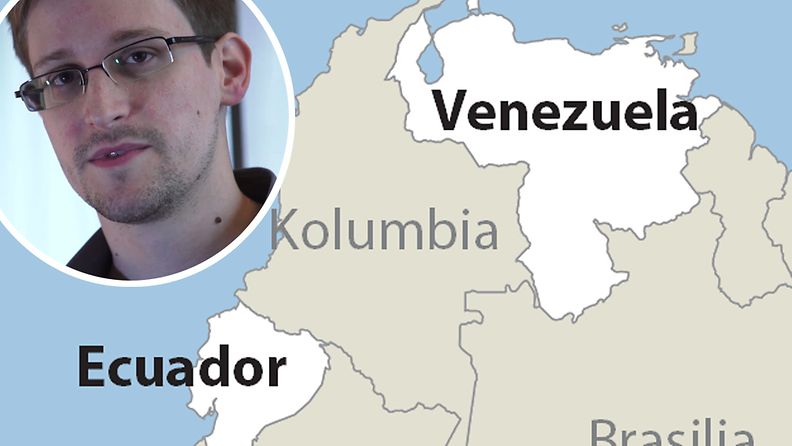 Ecuador on kertonut Snowdenin hakeneen sieltä turvapaikkaa. Grafiikka: STT-Lehtikuva.