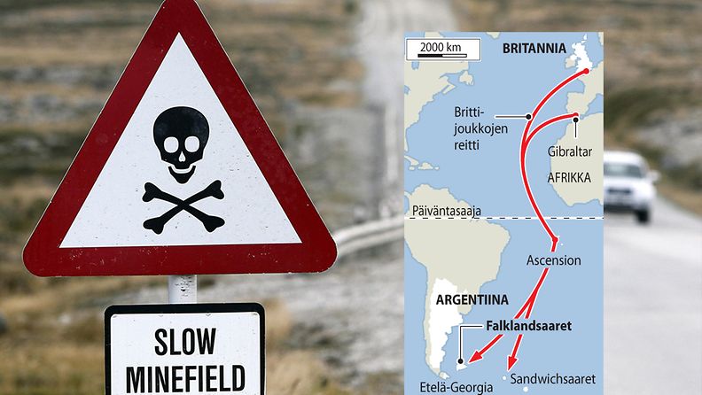 Miinakenttä varoitus, Stanley, Falklandinsaaret, 23. maaliskuuta