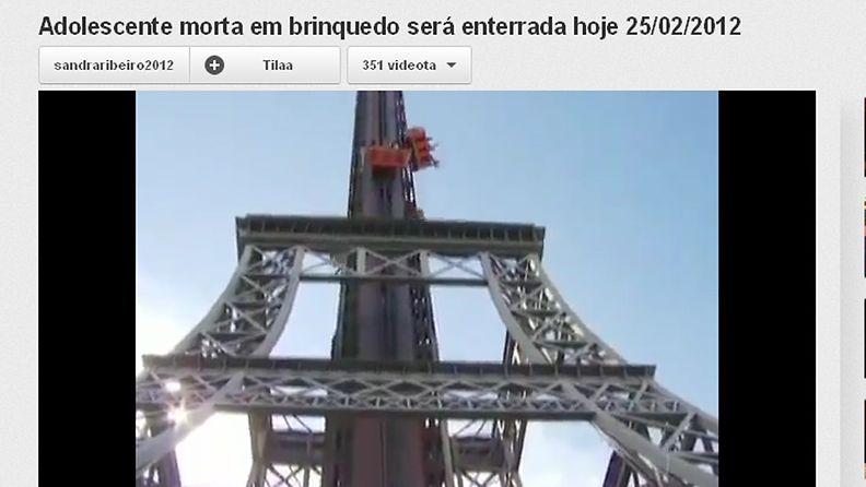 Teinityttö kuoli pudottuaan Eiffel-huvipuistolaitteesta Brasiliassa. Kuva: YouTube
