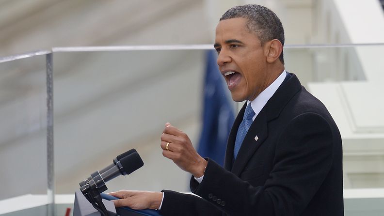 Yhdysvaltain presidentti Barack Obama pitämässä virkaanastujaispuhettaan Washingtonissa 21.1.2013.