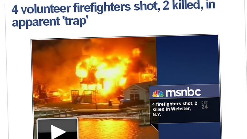 Poliisi epäilee, että ammuskelun näyttämönä toiminut tulipalo oli tahallaan sytytetty palomiesten paikalle houkuttelemiseksi. Kaksi palomiestä sai ampumisessa surmansa. Kuvakaappaus NBC:n sivuilta.
