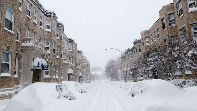 A section of Gordon Street in the Brighton neighborhood is covered in snow on  February 9, 2013 in Boston, Massachusetts. The powerful storm has knocked out  power to 650,000 and dumped more than two feet of snow in parts of New England.  