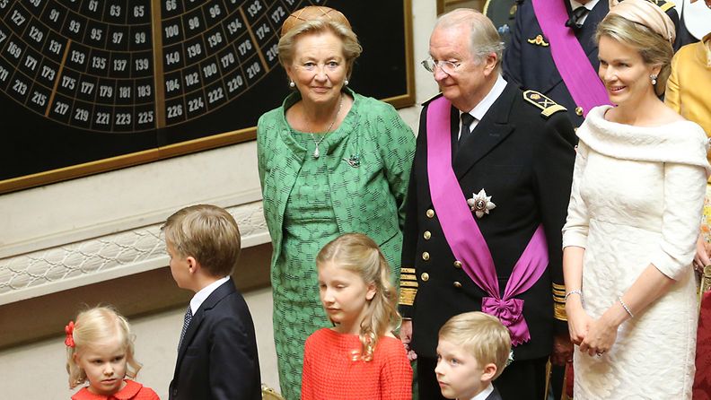 King Albert II of Belgium (C), Queen Paola of Belgium (L) and Princess Mathilde of Belgium (R) attend the swearing-in ceremony of Crown Prince Philippe of Belgium (not pictured) held at the Palace of the Nation on the occasion of Belgium's National Day in Brussels, Belgium, 21 July 2013. King Albert II of Belgium in an official act on 21 July signed his abdication to leave the Belgian throne to his son who became King Philippe of Belgium.