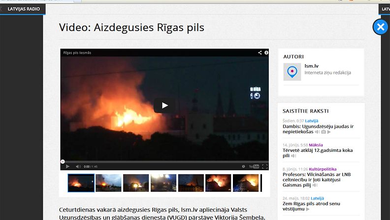 Latvian yleisradioyhtiö uutisoi Riian linnan palosta nettisivuillaan.