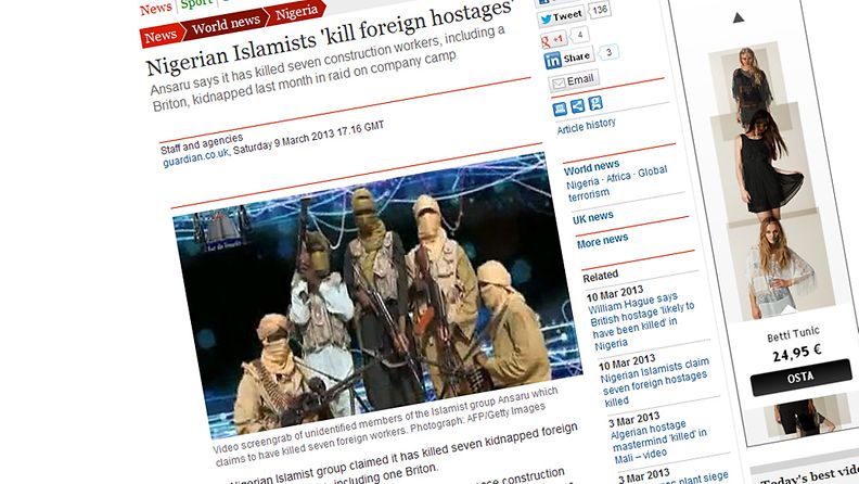 Kuvakaappaus Guardian-lehden sivuilta. Ääri-islamilainen Ansaru-ryhmittymä sieppasi seitsemän ulkomaalaista Nigeriassa 16.2.2013.