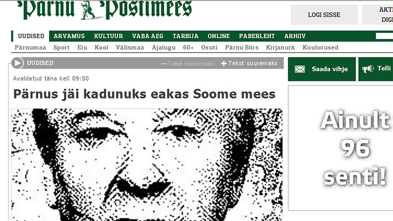 Suomalaismies katosi Virossa. Kuvakaappaus Pärnu Postimees -lehden sivuilta. 