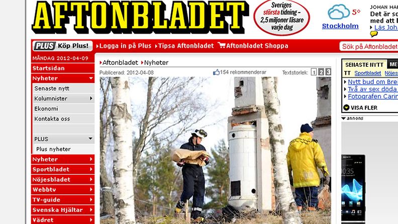 Kuvakaappaus Aftonbladetin sivuilta