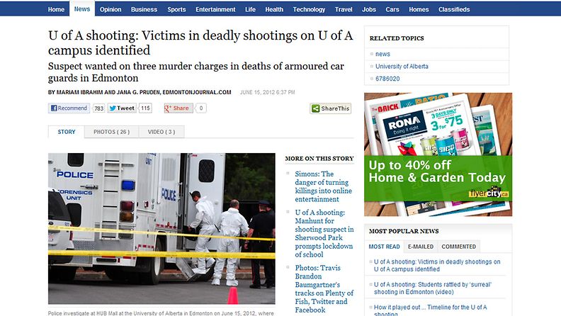 Kuvakaappaus Edmonton Journalin verkkosivulta. Lehden mukaan ammuskelun uhrit on tunnistettu. 
