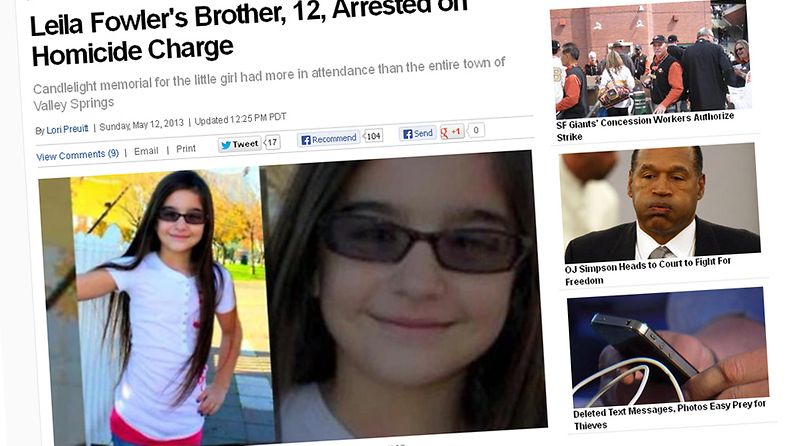 8-vuotiaan Leila Fowlerin surmaajaa etsittiin laajassa miesjahdissa. Nyt poliisi on åidättänyt tytön surmasta tämän 12-vuotiaan veljen. Kuvakaappaus NBC:n sivuilta.