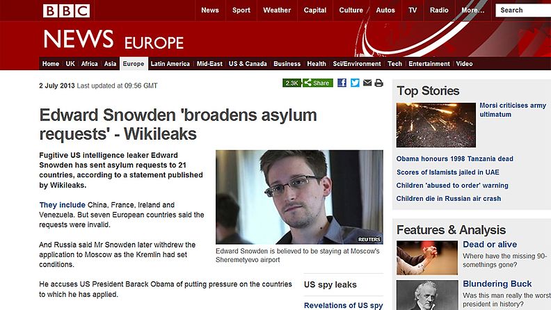 Muun muassa BBC on uutisoinut Edward Snowdenin Suomen turvapaikkahakemuksesta nettisivuillaan.