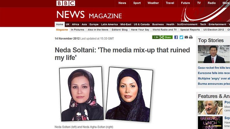 Kuvakaappaus Neda Solanin tarinan kertovan BBC:n sivuilta.