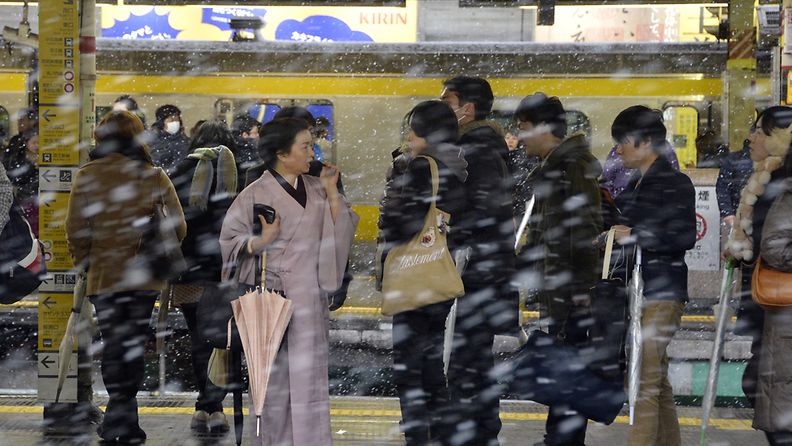 Sankka lumentulo sotki joukkoliikennettä Tokiossa 14. tammikuuta 2013.
