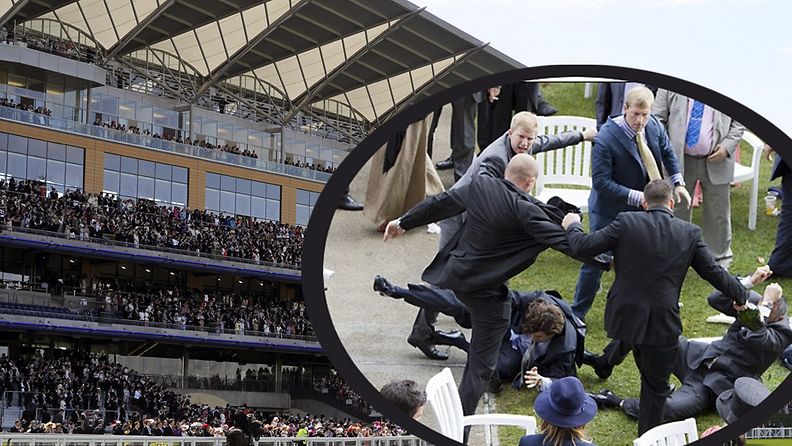 Royal Ascot-laukkakisan katsomossa puhkesi torstaina kahdeksan miehen joukkotappelu. Kuva: EPA/Daily Mail