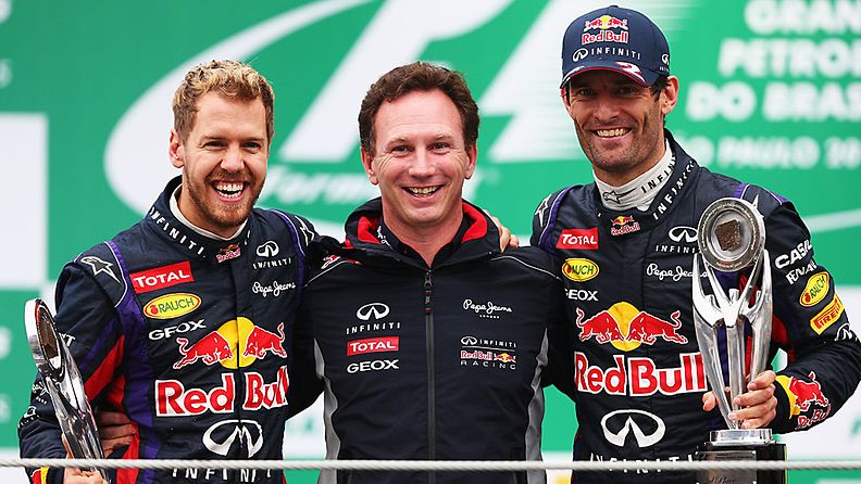 Christian Horner, Vettel ja Webber Brasilian GP:n palkintopallilla
