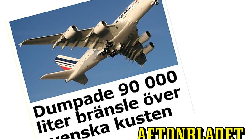 Matkustajalentokone joutui laskemaan litroittain polttoainetta Itämeren. Kuvakaappaus Aftonbladetin sivuilta.