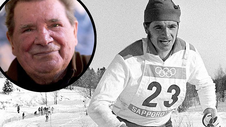 Eero Mäntyranta kuvattuna kotonaan Pellossa 9. lokakuuta 2012 ja Sapporon olympialadulla 50 kilometrin hiihdossa 10. helmikuuta 1972.