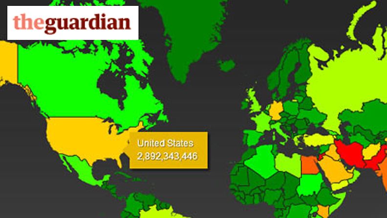 Guardianin mukaan Suomi on USA:n vähiten urkkimien maiden listalla.  Kuvakaappaus Guardianin sivuilta.