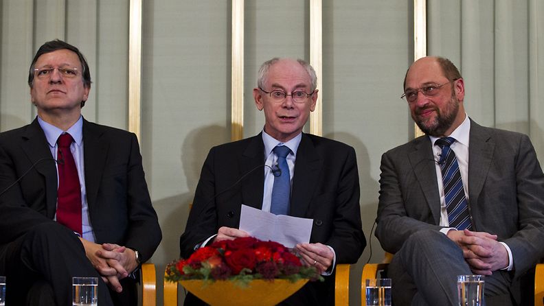 Jose Manuel Barroso, Herman Van Rompuy ja Martin Schulz  saapuivat Osloon vastaanottamaan Nobelin rauhanpalkintoa.