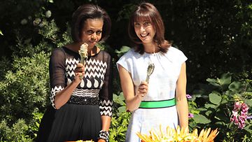 Myös päämiesten vaimot  Michelle Obama ja Samantha Cameron jakoivat barbecue-herkkuja omalta pöydältään.