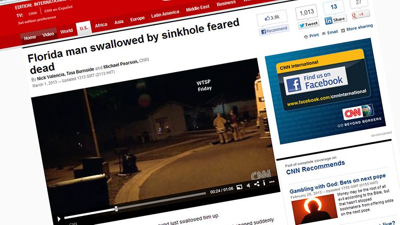Kuvakaappaus CNN:n sivuilta. Asuintalon alle avautunut vajoama nielaisi miehen Floridassa Yhdysvalloissa.