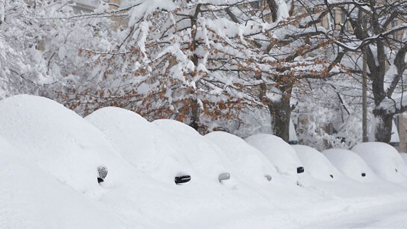  Snow covered vehicles sit on Commonwealth Avenue on February 9, 2013 in the Brighton neighborhood of Boston, Massachusetts. The powerful storm has knocked out power to 650,000 and dumped more than two feet of snow in parts of New England. (Photo by Jared Wickerham/Getty Images)   