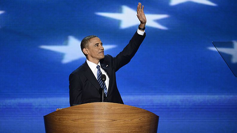 Yhdysvaltain presidentti Barack Obama otti vastaan demokraattien presidenttiehdokkuuden demokraattien puoluekokouksessa Charlottessa 7.9.2012.