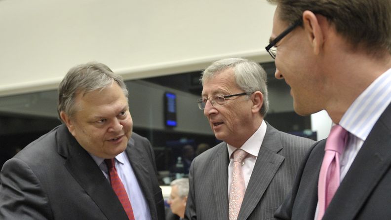Luxemburgin pääministeri Jean Claude Juncker, Kreikan talousministeri Evangelos Venizelosja pääministeri Jyrki Katainen.