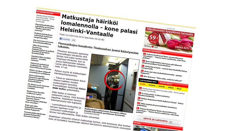 Kuvakaappaus Iltalehden sivuilta. Kuvassa näkyy, miten häirikköä poistetaan koneesta. 