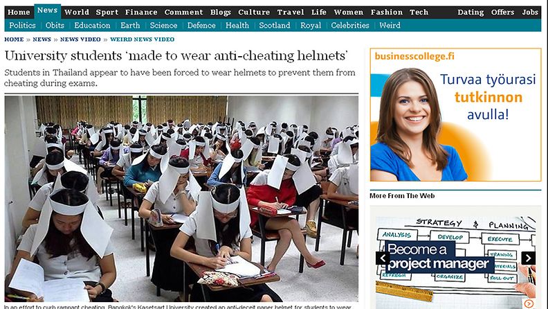 Thaimaalaisessa yliopistossa ei lunttaamista suvaita. Kuvakaappaus The Daily Telegraph -lehden sivuilta 16.8.2013.