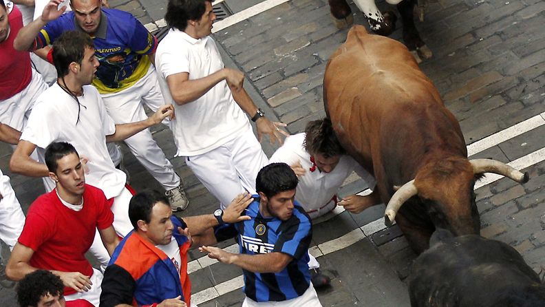 A runner or 'mozo' falls as bulls from Nunez del Cuvillo ranch chase the participants during the last bullrun of the 2011 Sanfermines Fiesta in Pamplona, Spain, 14 July 2011.