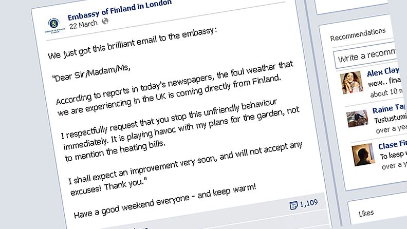 Suomen Lontoon syyrlähetystö julkaisi kirjeen Facebook-sivuilla.