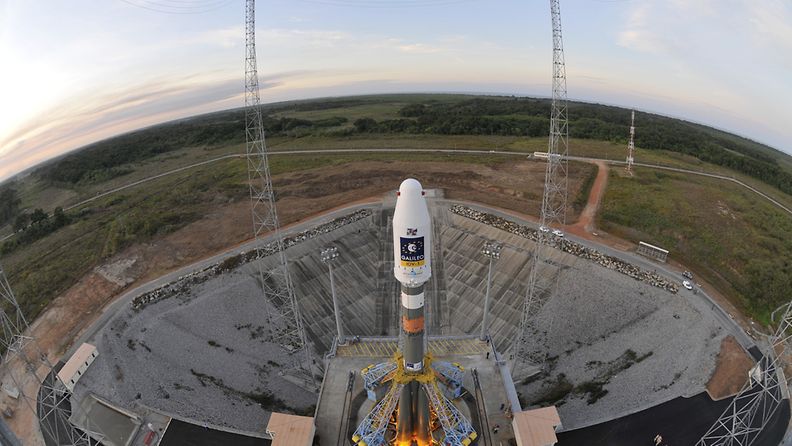 In this handout image supplied by the European Space Agency (ESA) on October 19, 2011, the Soyuz VS01 is prepared on the launch pad at the European Spaceport in Kourou, French Guiana. 
