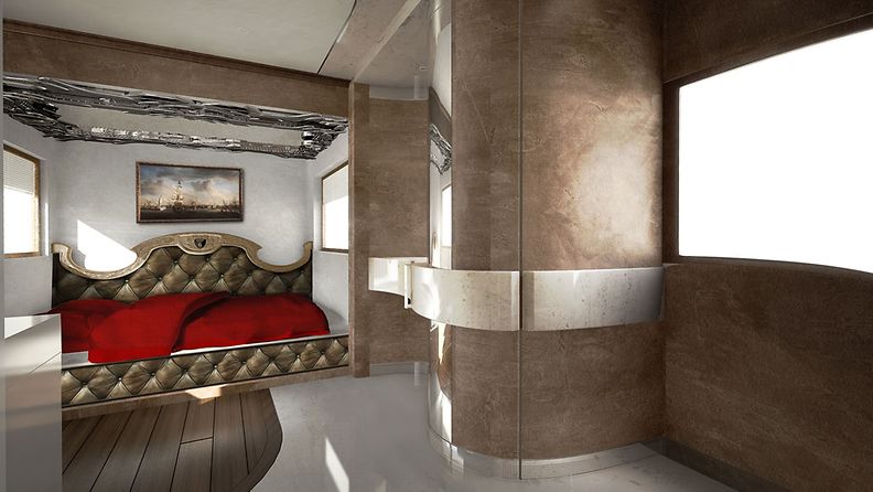 Maailman kalleimman matkailuauton makuuhuoneessa on panostettu luksukseen. Erikoisempi ominaisuus on peili sängyn yläpuolella