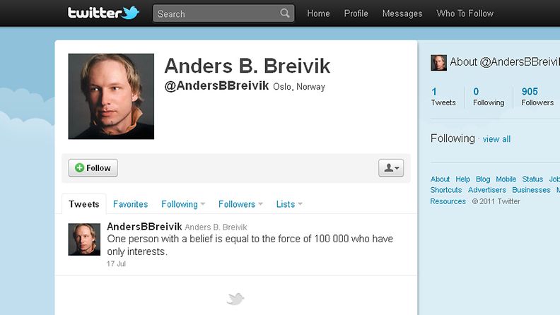 Kuvakaappaus Norjan iskuista epäillyn Anders Behring Breivikin Twitter-sivusta.