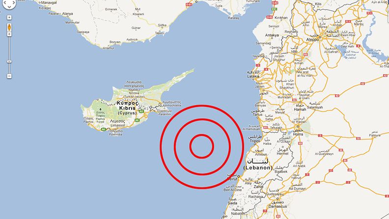 Maanjäristys Kyproksen ja Libanonin välissä 12.5.2012. Kartta: Google Maps.