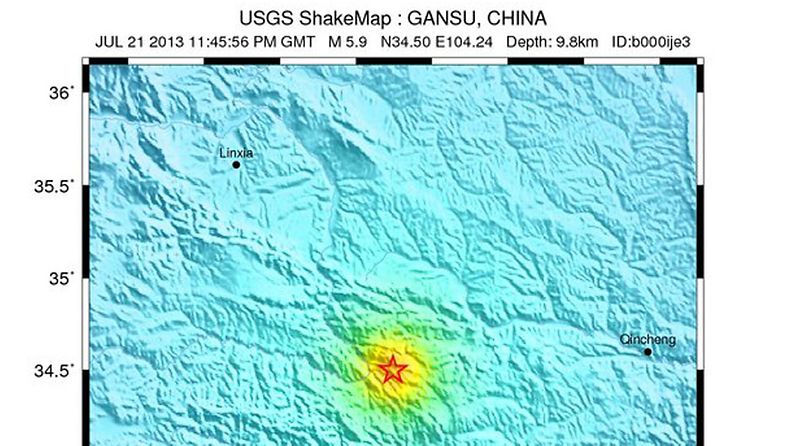 A handout image made available by the US Geological Survey (USGS) on 22 July 2013 showing a USGS community internet intensity map following the 5.9 magnitude earthquake that hit the Gansu province on 22 July 2013. The USGS reports that the shallow quake, which was 9.8 kms deep, struck some 125 kms southeast of the city of Linxia. 
